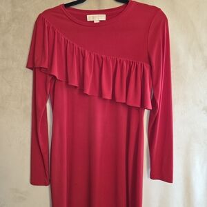 Michael Kors Red Long-Sleeve Ruffle Midi Dress